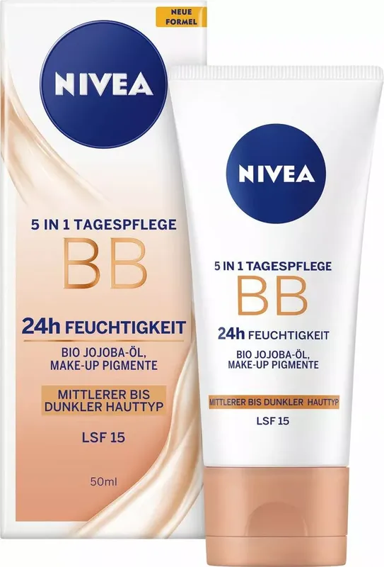 NIVEA 5 IN 1 Tagespflege BB 24h Feuchtigkeit LSF 15, getönte Tagescreme für helle Hauttypen, Gesichtscreme mit Bio Jojoba-Öl und Make-Up Pigmenten (2 von 4)