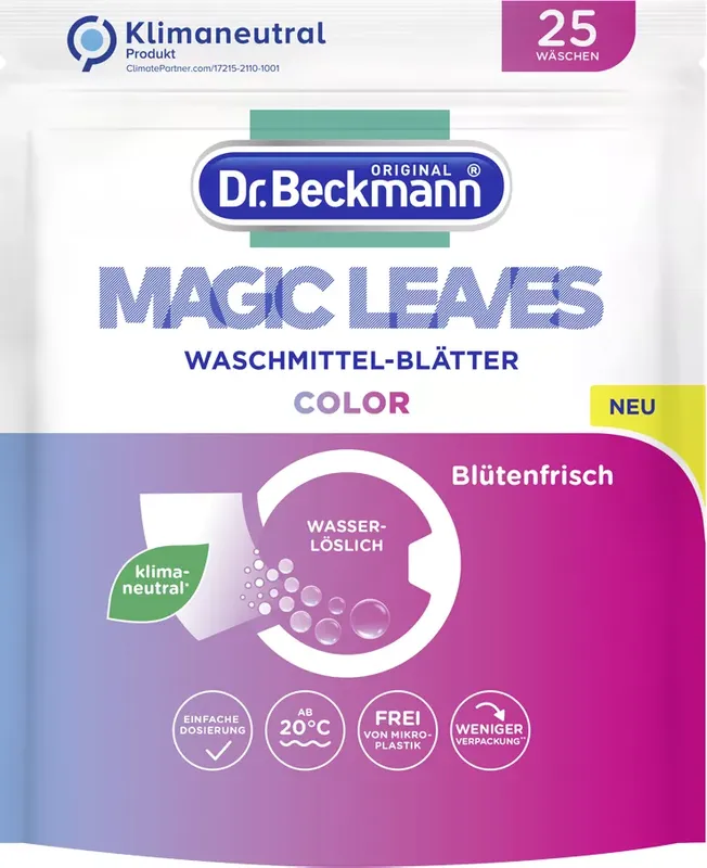 Dr. Beckmann MAGIC LEAVES Waschmittel-Blätter COLOR | vordosierte & wasserlösliche Waschblätter | platzsparend und leicht anzuwenden | 25 Blätter (2 von 3)