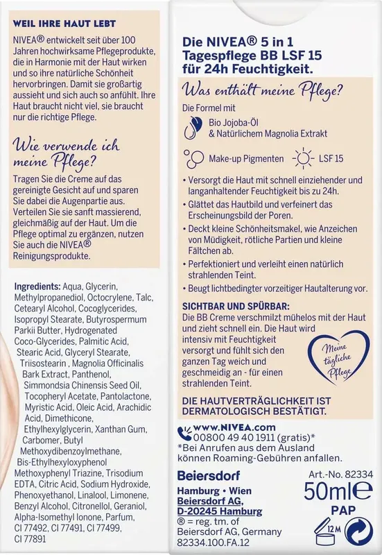 NIVEA 5 IN 1 Tagespflege BB 24h Feuchtigkeit LSF 15, getönte Tagescreme für helle Hauttypen, Gesichtscreme mit Bio Jojoba-Öl und Make-Up Pigmenten (3 von 4)