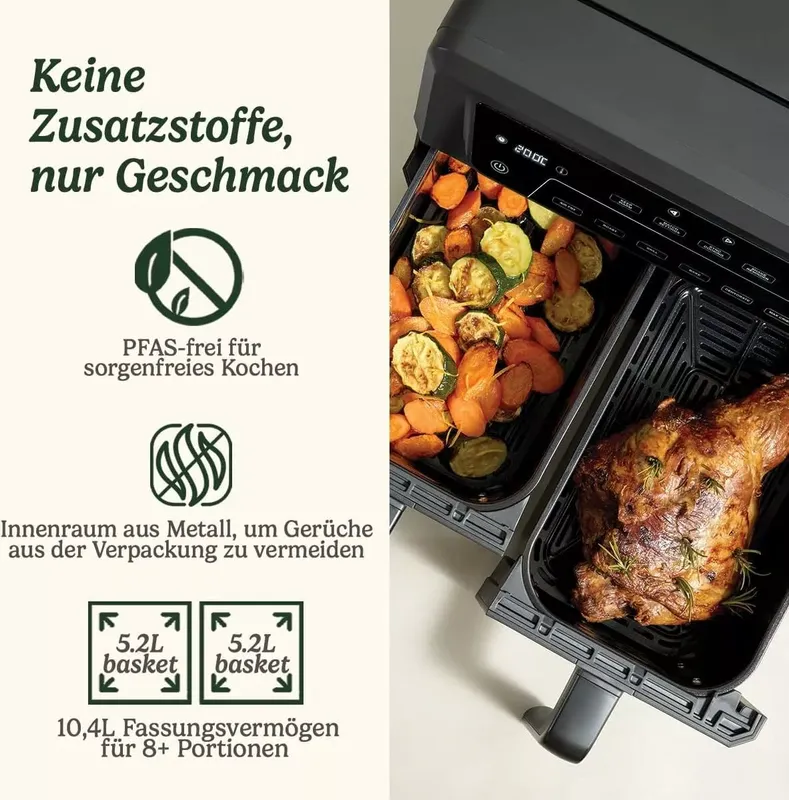 Cuisinart XXL Zweizonen-Heißluftfritteuse| PFAS Frei | Chemiekalien frei,| Braten, Grillen, Backen, Dehydrieren und Warmhalten | 2 kammern| 2 x 5.2L (4 von 11)