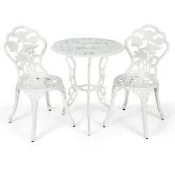 GOPLUS 3tlg. Bistroset, Ø60cm Bistrotisch mit 2 Stühlen, Gartenset Balkonset aus Aluminiumguss, Balkonmöbel Gartenmöbel Set, Sitzgruppe antik f... - Weiß