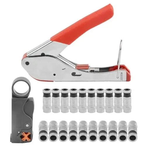 WMYCONGCONG Kompressionszange Set, Koaxialkabel-Crimper-Werkzeug-Set, Crimpenzange für Koaxialkabel, Abisolierwerkzeug für RG59, RG6, mit 20 F-Steckern