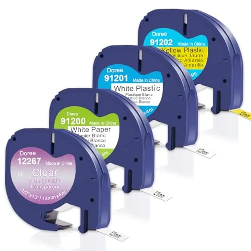 DOREE (4er-Pack) 12mm x 4m Farbband, kompatibel mit LetraTag bunte Bänder 16951, 91220, 91221, 91222,Transparent,Weiß,Gelb.kompatibel mit Dymo LetraTag LT-100T,LT-100H Plus,LT-200B,LT-2000,LT-QX50.