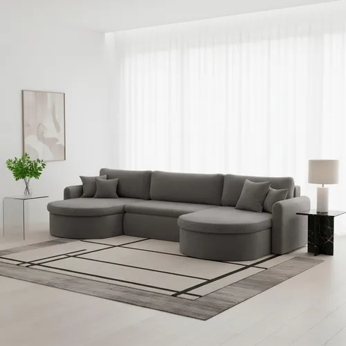 Fun Möbel Wohnlandschaft FELIZ mit Schlaffunktion und Bettkasten - Moderne Wohnlandschaft in Grau, ideal für gemütliche Abende und als Schlafgelegenheit. Mit praktischem Bettkasten und Zierkissen für zusätzlichen Komfort.
