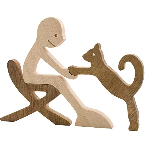Enkrio Holz-Katzenfiguren, handgeschnitzt, Holz, Katze, menschliche Skulptur, Statue, handgefertigte Akzente, Handwerk, Holzverzierung, stehende Tischdekoration, Ornament für Heimdekoration