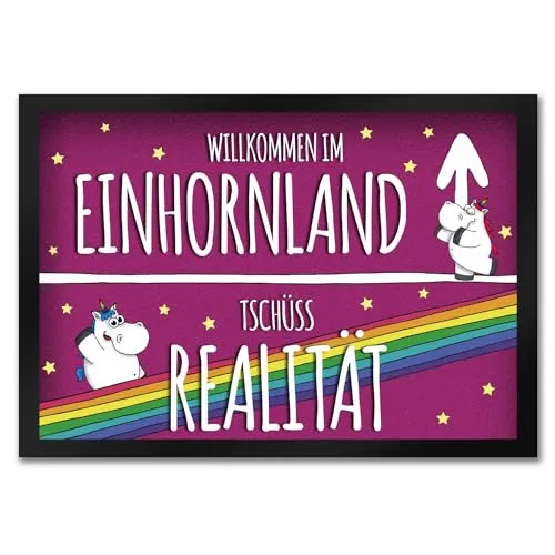 trendaffe - Willkommen im Einhornland Fußmatte mit niedliche Einhörner auf pinkem Hintergrund mit Regenbogen Motiv
