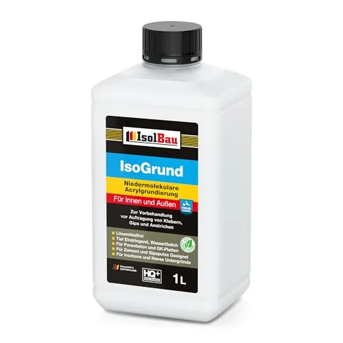 Isolbau IsoGrund Grundierlösung - 1 L Niedermolekulare, Gebrauchsfertig Acrylgrundierung für Innen & Außen - Für professionelle Grundierung
