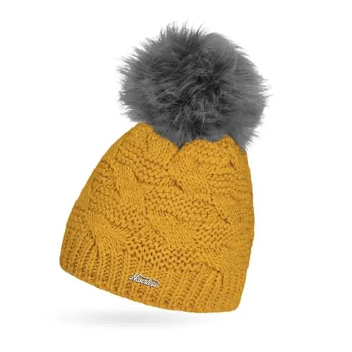 Neverless® Damen Strick-Mütze Winter Grobstrick Gefüttert Fleece Fell-Bommel Kunstfell Bommelmütze senfgelb Unisize