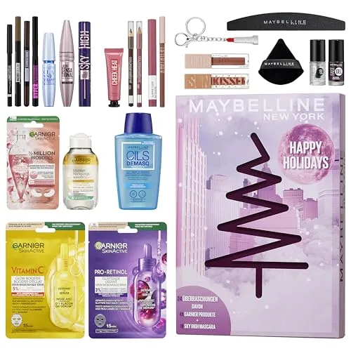 Maybelline New York Adventskalender 24-Türer 2025 - Make-up Sets mit 21 Originalprodukten und 3 Goodies für aufregende Beauty-Momente in der Vorweihnachtszeit.