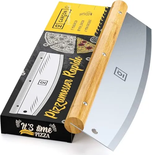 GARCON - Premium Pizzaschneider Wiegemesser mit extra scharfer Edelstahl Klinge & robustem Holzgriff - Pizzamesser mit Klingenschutz - Pizza Cutter hocheffektive alternative zu Pizzaroller (Groß 35cm)