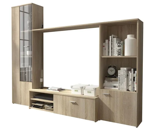 Moderne Wohnwand Anbauwand TV-Wand 220cm in Sonoma Eiche - Stylische Schrankwand mit 3 Türen und offenen Ablageflächen, ideal für Ihr Wohnzimmer. Die Kombination aus Holzoptik und Glasfront sorgt für einen modernen Look. Einfacher Zusammenbau und freistehende Montage.