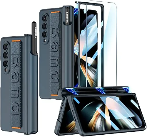 SOUTEM für Samsung Galaxy Z Fold 4 Hülle mit Handschlaufe & Displayschutz & S Pen Slot, Magnetscharnier Stoßstange Schutzhülle Ultra Slim Stoßfest Anti-Kratz für Samsung Z Fold 4(Ohne S Pen),Grün