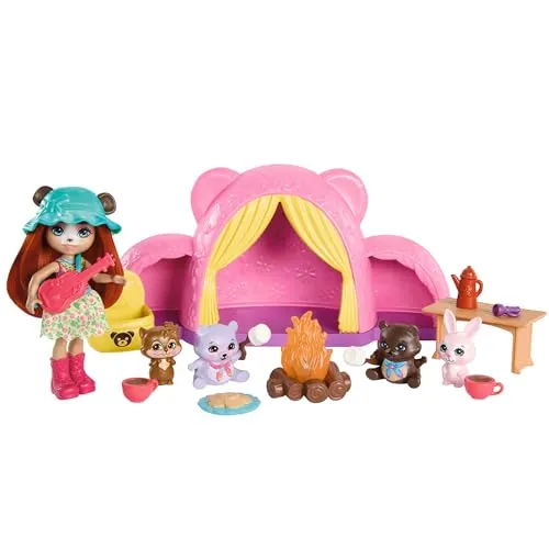 Enchantimals-Puppe und Zubehör, Zeltabenteuer-Kuschelfreunde-Spielset, Puppe und Bester Tierfreund, Schlafsack, Lagerfeuer und vieles mehr, Geschenke für Kinder, HTW71