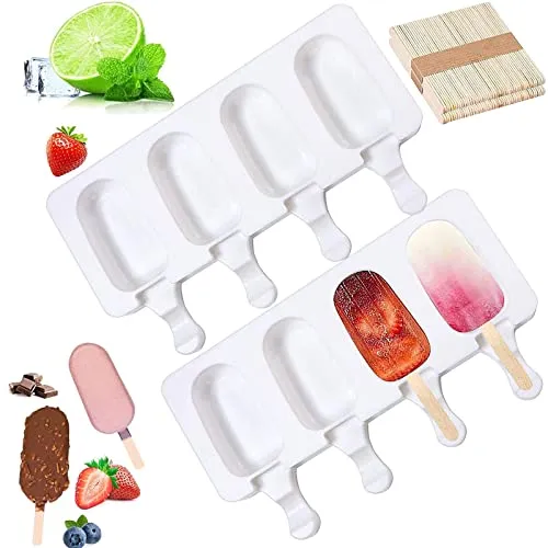 Eisformen Silikon Formen, 8 Kavitäten Eis Am Stiel Formen, Silikon Eisformen, Stiel Wiederverwendbare Starter Ice Pop Molds für Kinder und Erwachsene, Dessert, Schokolade (mit 100 Sticks)