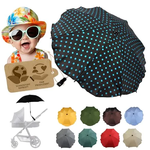 Sonnenschutz universal [Sonnenschirm für Kinderwagen] Buggy UV Schutz 50+ mit Universalhalterung biegsamer Schirm für Rund- und Ovalrohre verstellbar (schwarz-blau- Punklte)