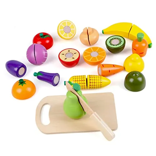 KABENFIS Hölzernes Spiel-Essen-Schneide-Set für Obst und Gemüse Spielzeug Pretend Play-Essen-Sets für Kinder Jungen Mädchen