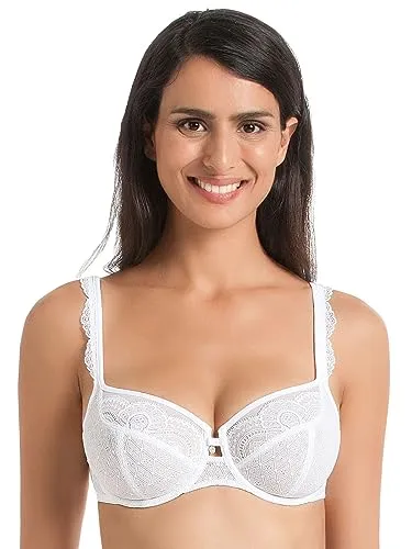 Rosa Faia – Selma BH Damen mit Bügel, gestaffelten Trägern & Zierstein – Eleganter Bügel-BH mit dreigeteilten Cups, Spitze & Powertüll Verstärkung - Spitzen BH Körbchengröße B-E 70-105 - Weiß