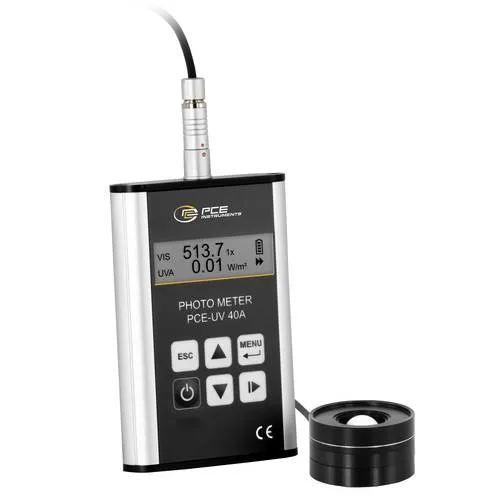 PCE Instruments PCE-UV 40A UV-Messgerät - Entfernungsmesser mit dualen Messkanälen für gleichzeitige UV-A- und Lichtmessung, ideal für präzise Lichtcharakterisierung und Qualitätskontrolle bei UV-empfindlichen Materialien.