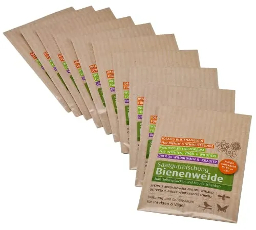 Biobalu Bienenweide Samentütchen - Blumenwiesensamen mehrjährig - Blumensamen als Hochzeitsgeschenk, Gastgeschenk, Werbegeschenk, Werbeartikel personalisiert (10 x 4g)