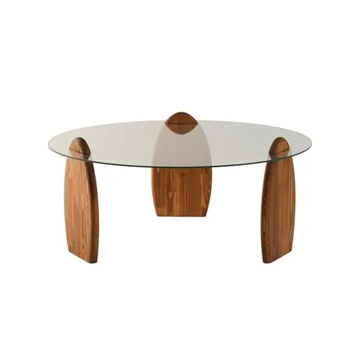 Modern Coffee Table, 90 cm x 90 cm x 41 cm | 100% Tempered Glass & Pine Solid Wood Frame | Elegant Chestnut & Transparent Design for Stylish Living Spaces