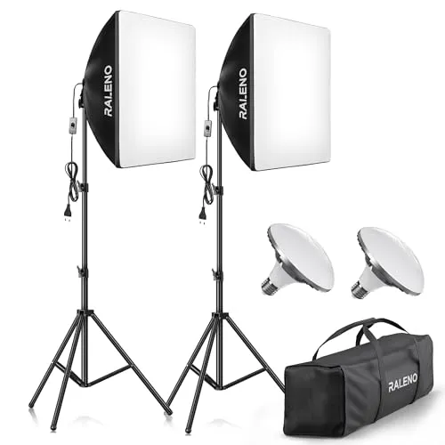 RALENO Softboxen Set 2x50W LED - Professionelles Fotostudio-Set mit 2x50 cm Softboxen und langlebigen 50W LED-Lampen für gleichmäßiges Licht. Ideal für Porträtfotografie, Game-Streaming und YouTube-Videos.