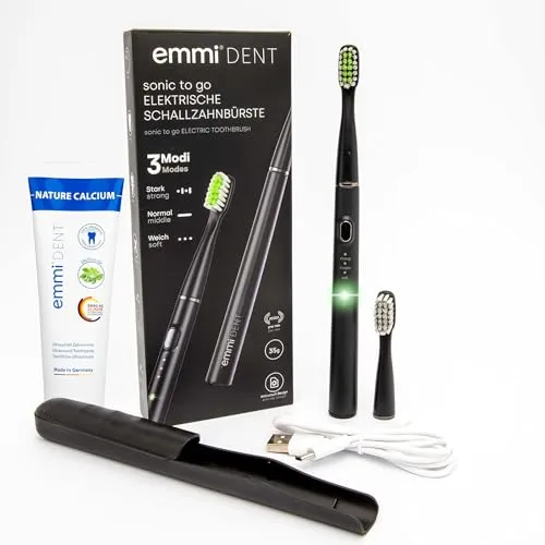 Emmi-dent Schallzahnbürste kabellos Reisen mit 25 Tage Laufzeit, elektrische Zahnbürste mit 3 Putzmodi, 20.000 Schwingungen/Min, Reisezahnbürste mit Etui, Zahncreme & 2 Bürstenköpfen, sonic to go