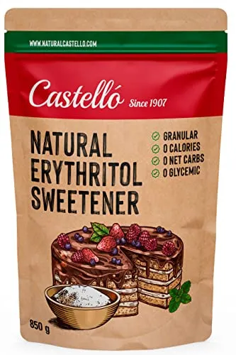 Natürliches Erythrit - Kristallzucker | 10g = 7g Zucker | Natürlicher Zuckerersatz - 0 Kalorien - 0 Glykämischer Index - Keto und Paleo - 0 Netto-Kohlenhydrate - Kein GVO - Castello since 1907-850g