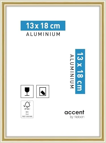 accent by nielsen Bilderrahmen, 13 x 18 cm, Aluminium, Gold glanz, Fotorahmen zum Auftstellen und Aufhängen im Hoch- & Querformat, Echtglas, Accent