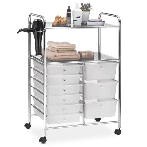 IDIMEX Beistellwagen MARITA - Kosmetik Rollwagen mit 9 Schubladen - Beistellwagen mit 9 Schubladen und 2 Ablageflächen, ideal für Kosmetik und Duschutensilien. Der mobile Rollcontainer bietet eine Halterung für den Föhn und passt perfekt in jedes Badezimmer.