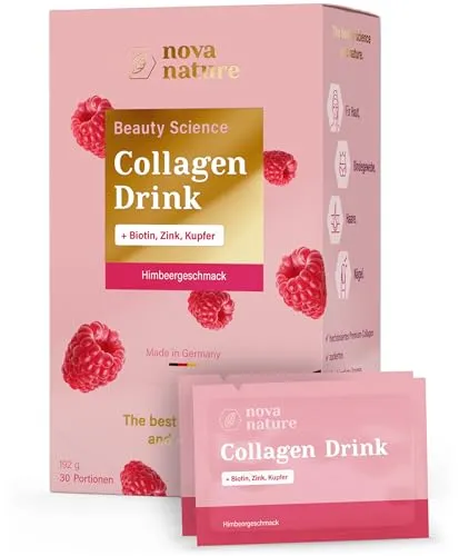 Beauty Collagen Drink (Collagen Pulver + Zink, Biotin, Kupfer) - 5 g Kollagen Hydrolysat Peptide Type I, II & III pro Tag - mit Himbeergeschmack, Kollagen Komplex für Inner Beauty - von NovaNature®