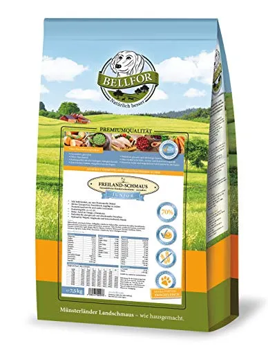 Bellfor Freiland-Schmaus Junior Trockenfutter mit Huhn für Welpen - Hundefutter, getreidefrei und ideal für ernährungssensible Hunde. Hoher Anteil an Omega-3-Fettsäuren für gesunde Haut und glänzendes Fell.