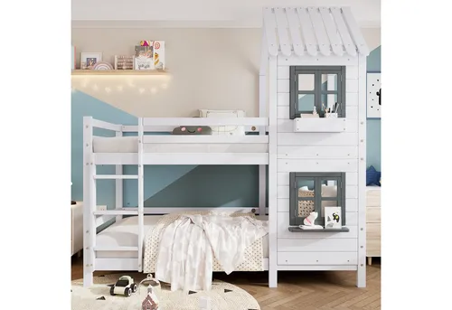 Flieks Etagenbett, Hausbett mit Fallschutz Leiter - Etagenbett aus Kiefernholz, ideal für Kinderzimmer, mit Fallschutz und maximaler Belastbarkeit von 120kg für Sicherheit und Stabilität.