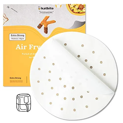 katbite Backpapier für Heißluftfritteuse Airfryer Rund Ø 19 cm (7.5 Zoll), 120 Stück Antihaft Pergament Papier als Dim Sum Papier, Dampfgarer für Heißluftfritteuse, Bambusdämpfer
