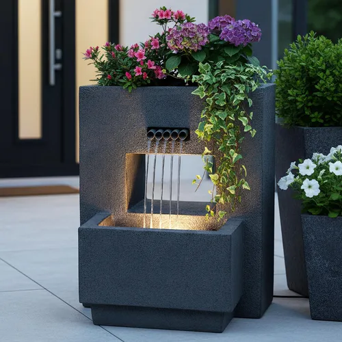 Gartenbrunnen mit Beleuchtung 57 cm – bepflanzbar in Betonoptik - Eleganter Tischspringbrunnen für den Außenbereich, mit LED-Beleuchtung und bepflanzbarer Oberfläche. Perfekt für entspannende Atmosphäre im Garten.
