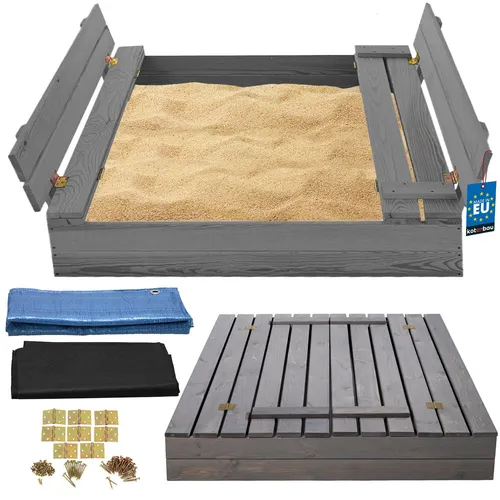KOTARBAU® Sandkasten mit Abdeckung 100 x 100 cm Grau - Sandkasten aus hochwertigem, zertifiziertem Kiefernholz mit klappbaren Bänken und Abdeckung, ideal für sicheres Spielen im Freien und Schutz vor Verschmutzungen.