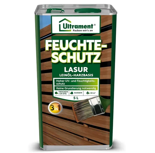 ULTRAMENT Feuchteschutz-Lasur 3-in-1, 5 Ltr - Lasuren mit 3-in-1 Funktion für optimalen Holzschutz, ideal für wetterexponierte Holzflächen und einfach in der Anwendung.