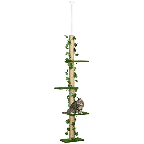 PawHut Kratzbaum Deckenhoch 202-242 cm für Mittelgroße Katzen Grün+Gelb