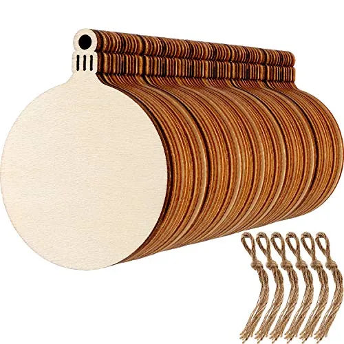Blulu 60 Stücke Weihnachten Holz Ornamente Runde Schneeflocke Engel Form Scheiben mit Schnüre für Neujahr Weihnachtsbaum Anhänger (Stil 1)