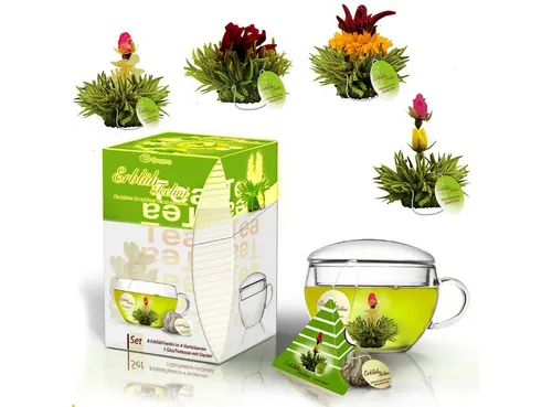 Creano ErblühTeelini Geschenkset mit Teeglas – 8x Grüner Tee - Genießen Sie 8 handgebundene Teeblüten in Tassenformat. Mild-fruchtig aromatisiert und wenig bitter, ideal für besondere Momente.