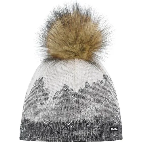 Eisbär Wintermütze (Bommel) Draw Lux Crystal schwarz/weiss Damen - Strickmützen für Damen, edle Mütze mit Berglandschaft-Print und Kristallelementen, Kunstfell-Pompon und wärmendem Innenfleece für optimalen Komfort.