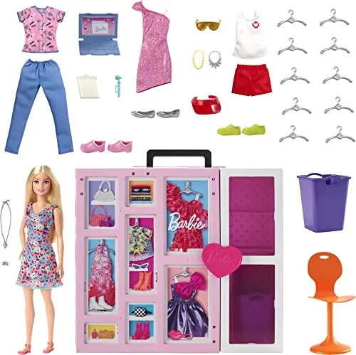 Barbie Traumkleiderschrank und Puppe (HGX57) - farbenfroher Kleiderschrank mit stilvollen Outfits, perfektes Spielzeug für kreative Mädchen