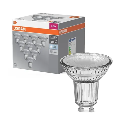 OSRAM LED BASE PAR16 GU10 4,3 W 350 lm - LED-Spotlampe mit GU10-Sockel, ideal für Akzentbeleuchtung in Shops und Wohnräumen. Hohe Energieeffizienz mit 100.000 Schaltzyklen und sofortiger Lichtleistung ohne Verzögerung.