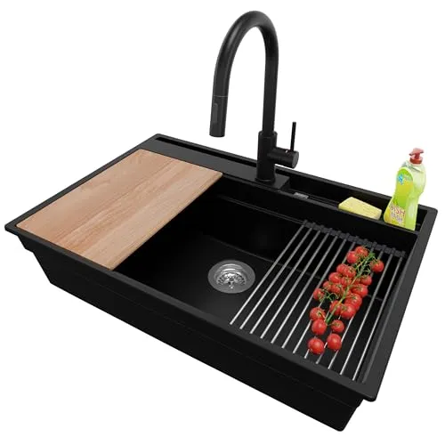 PRIMAGRAN Granitspüle Schwarz 78x53cm, Spülbecken 1 Becken + Küchenarmatur 40x20cm + Zuberhor-Set, Küchenspüle ab 80er Unterschrank - Oslo Pocket S248