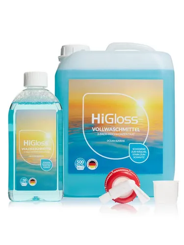 HiGloss Vollwaschmittel-Set für weiße und bunte Wäsche - Waschmittel für bis zu 550 Waschladungen, entfernt mühelos Flecken und sorgt für langanhaltend frischen Duft. Schonend für Mikrofaser und Synthetikfasern – hohe Ergiebigkeit bei geringem Preis.