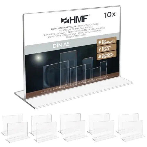 HMF 46924 Acryl Tischaufsteller gerade | 10 Stück | DIN A5 Querformat - Praktisch - 10 T-Ständer für beidseitige Präsentation von Informationen in DIN A5 Querformat. Ideal für Messen und Gastronomie. Robustes, glasklares Acryl für eine ansprechende Darstellung.