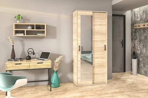 Garderobenschrank Vanessa I 90 cm Garderobe Schrank Spiegel Schlafzimmer Jugendzimmer (Farbe: sonoma)