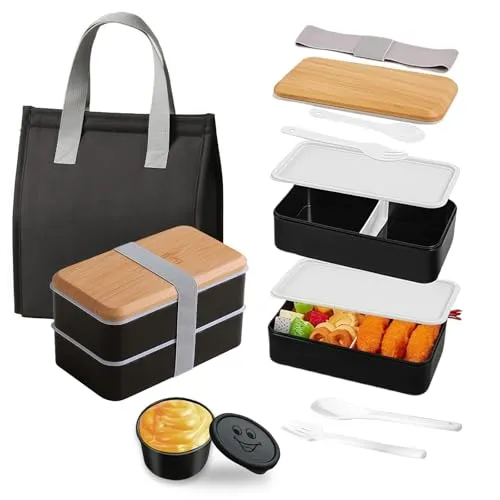 Aiuuee Lunchbox Bento, 1400ml Brotdose mit Kühltasche, Auslaufsicher Brotdose mit Fächern und Besteck, Bento Box Erwachsene, Lunchbox Mikrowellengeeignet für Arbeit Schule(Schwarz)