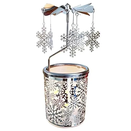 Kingnero Schneeflocke Windlicht Karussell, Glas teelichthalter karussell ，Drehbar Kerzenhalter windmühle Kerze für Weihnachten Geschenke für Kinder (Silber)