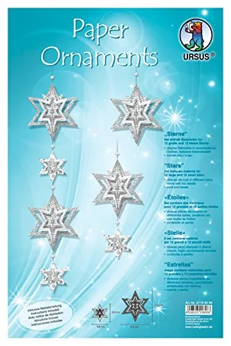 Ursus 21740099 - Bastelset Paper ornaments, Sterne, weiß/silber, Set mit Material für 12 große und 12 kleine Sterne, mit Bastelanleitung, ideal als winterliche Wand -, Fenster -, und Raumdekoration