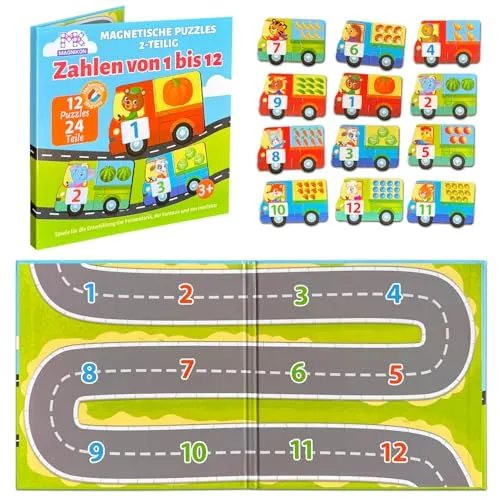 MAGNIKON, Zahlen Lernen von 1 bis 12, 12 Puzzles mit je 2 Teile, Mitbringspiel ab 4 Jahre, Kinder Magnete,Spielzeug für Unterwegs, Magnetisches Puzzle